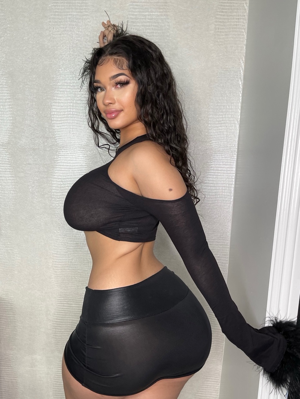 Fashion Nova Black Cold-Shoulder Feather Cuff Crop Top with Slogan - Picture 3 of 3
